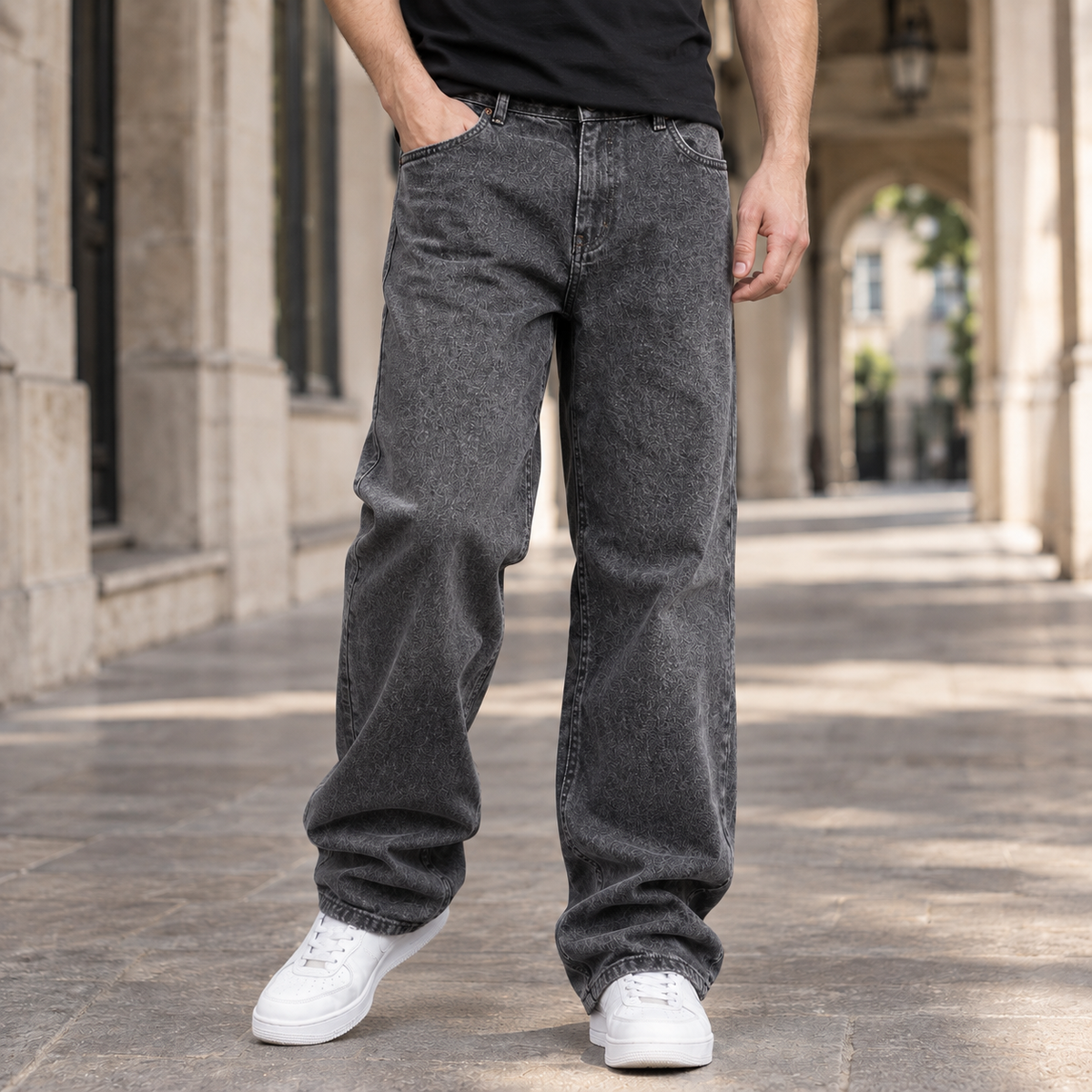 Men's Relaxed Wide Leg Jeans in Grey - front view