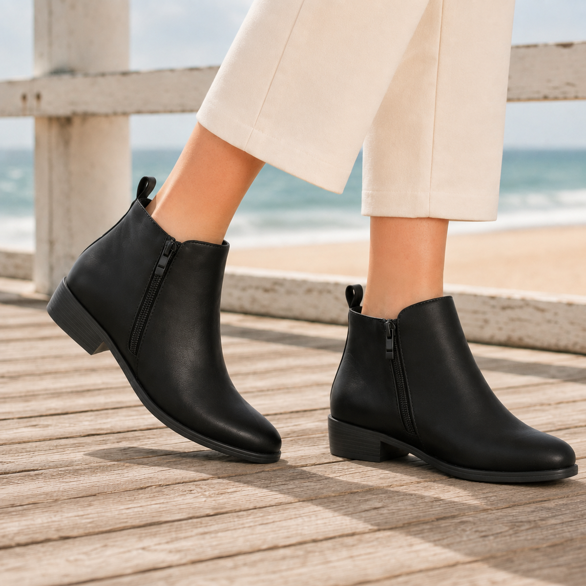 Women's Side Zip Ankle Boots in Black - front view