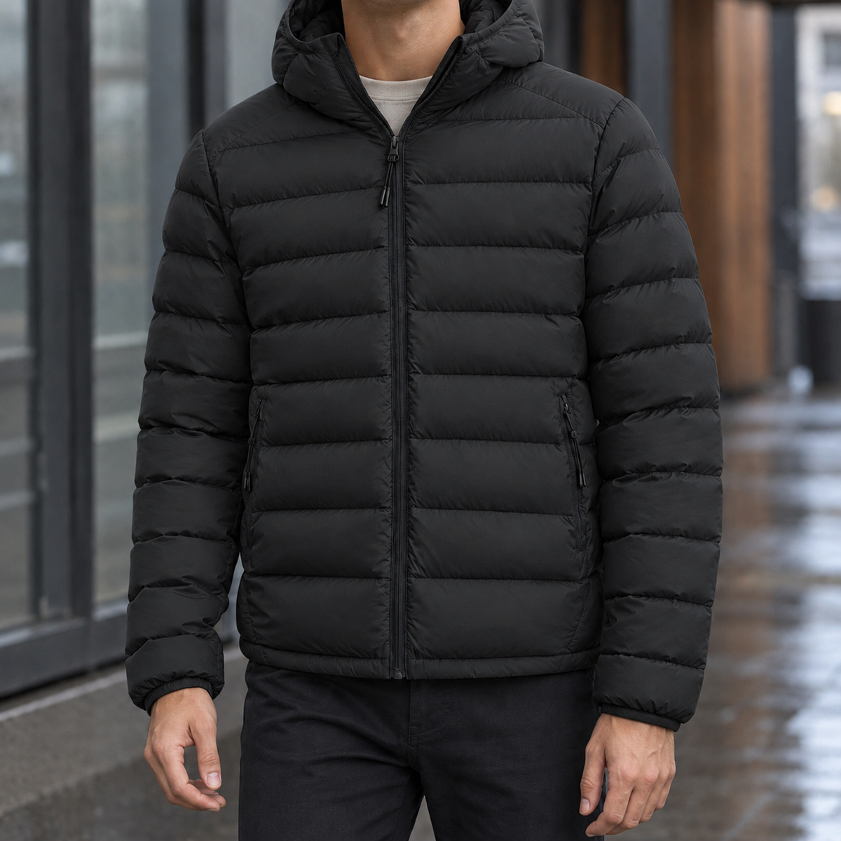 Men's Hooded Puffer Jacket in Black - front view