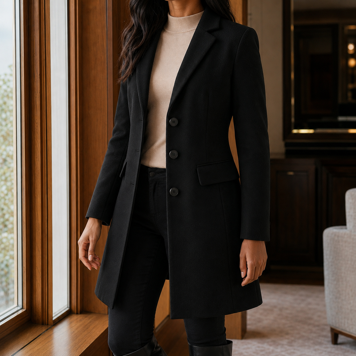 Women's Single-Breasted Tailored Coat in Black - front view