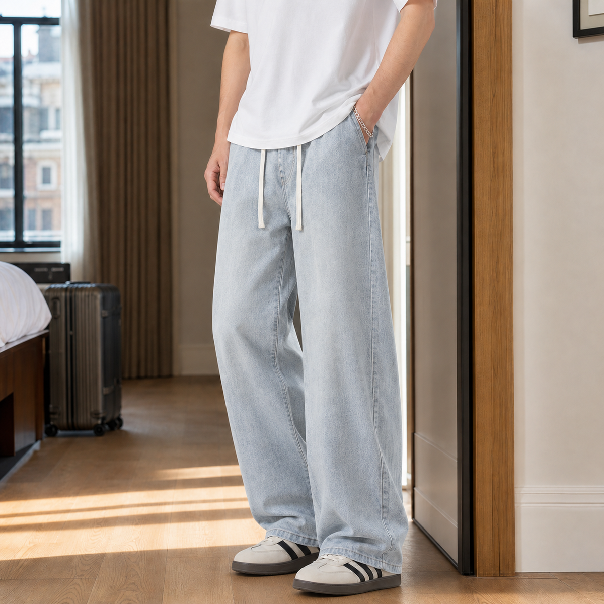Men's Drawstring Wide Leg Jeans in White - front view