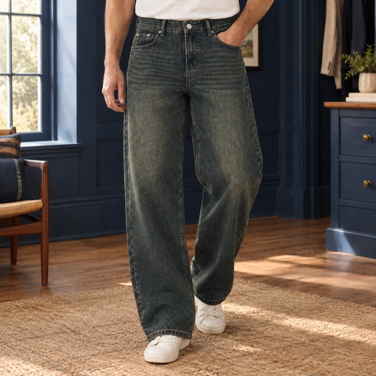 Men's Wide Leg Jeans in Deep Vintage Blue - front view