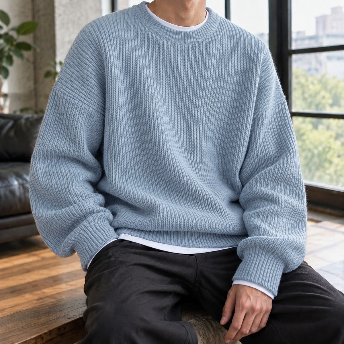 Men's Oversized Ribbed Crew Neck Sweater in Light Blue - front view