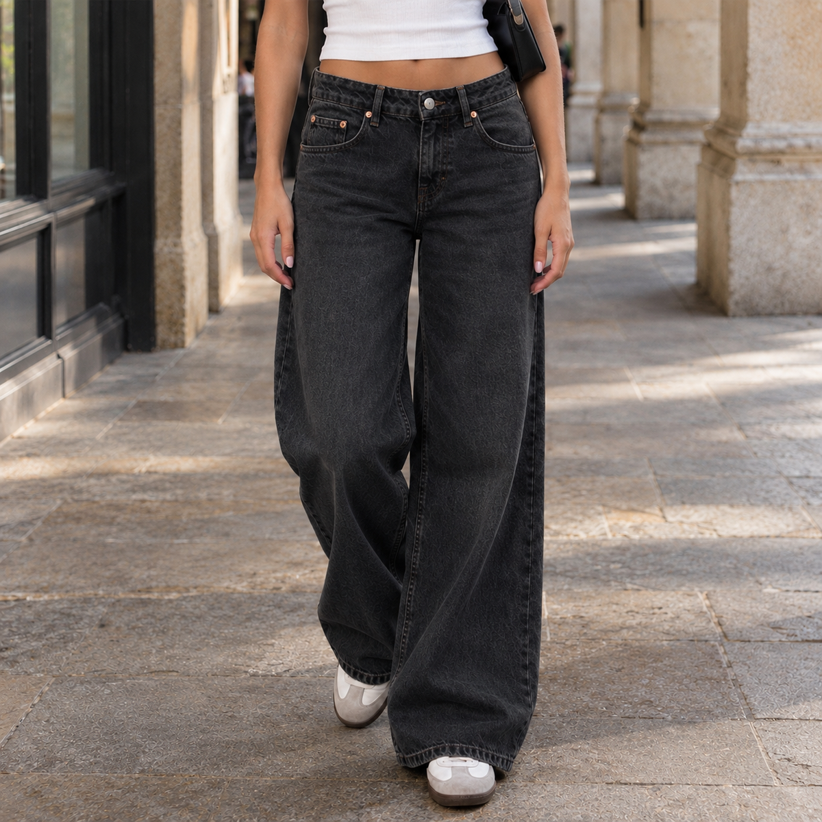 Women's Wide Leg Jeans in Black Grey - front view
