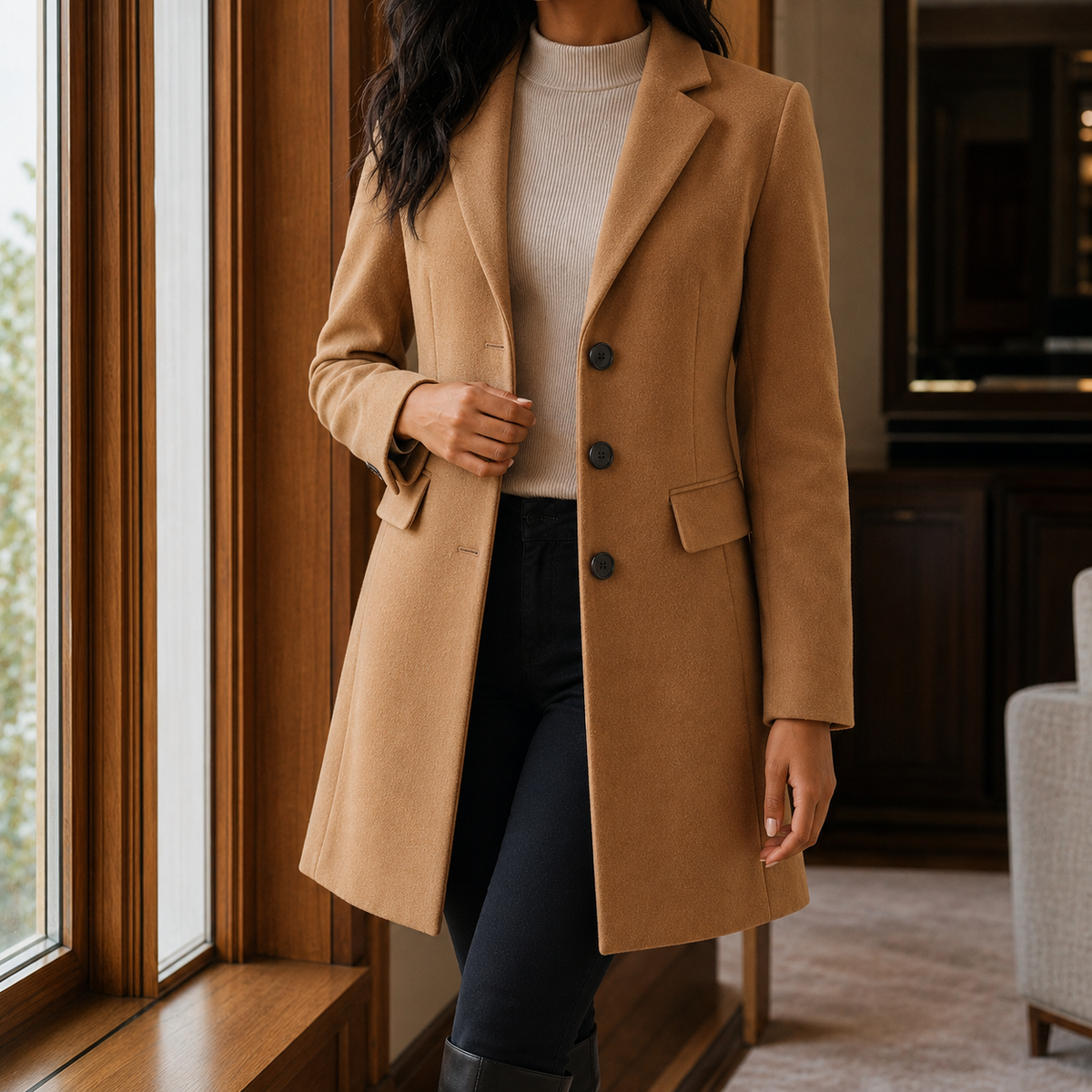 Women's Single-Breasted Tailored Coat in Brown - front view