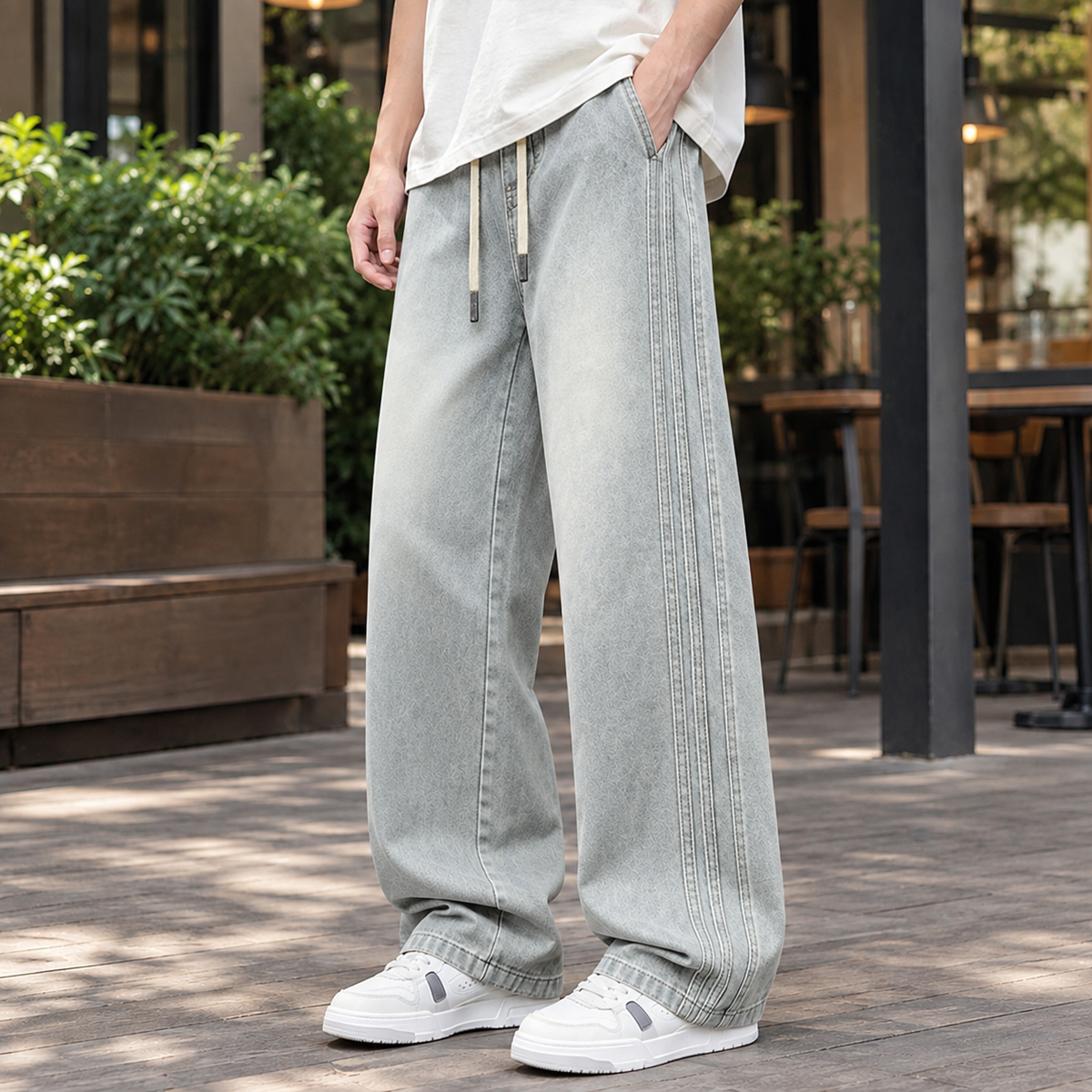 Men's Baggy Wide Leg Jeans in Light Grey - front view