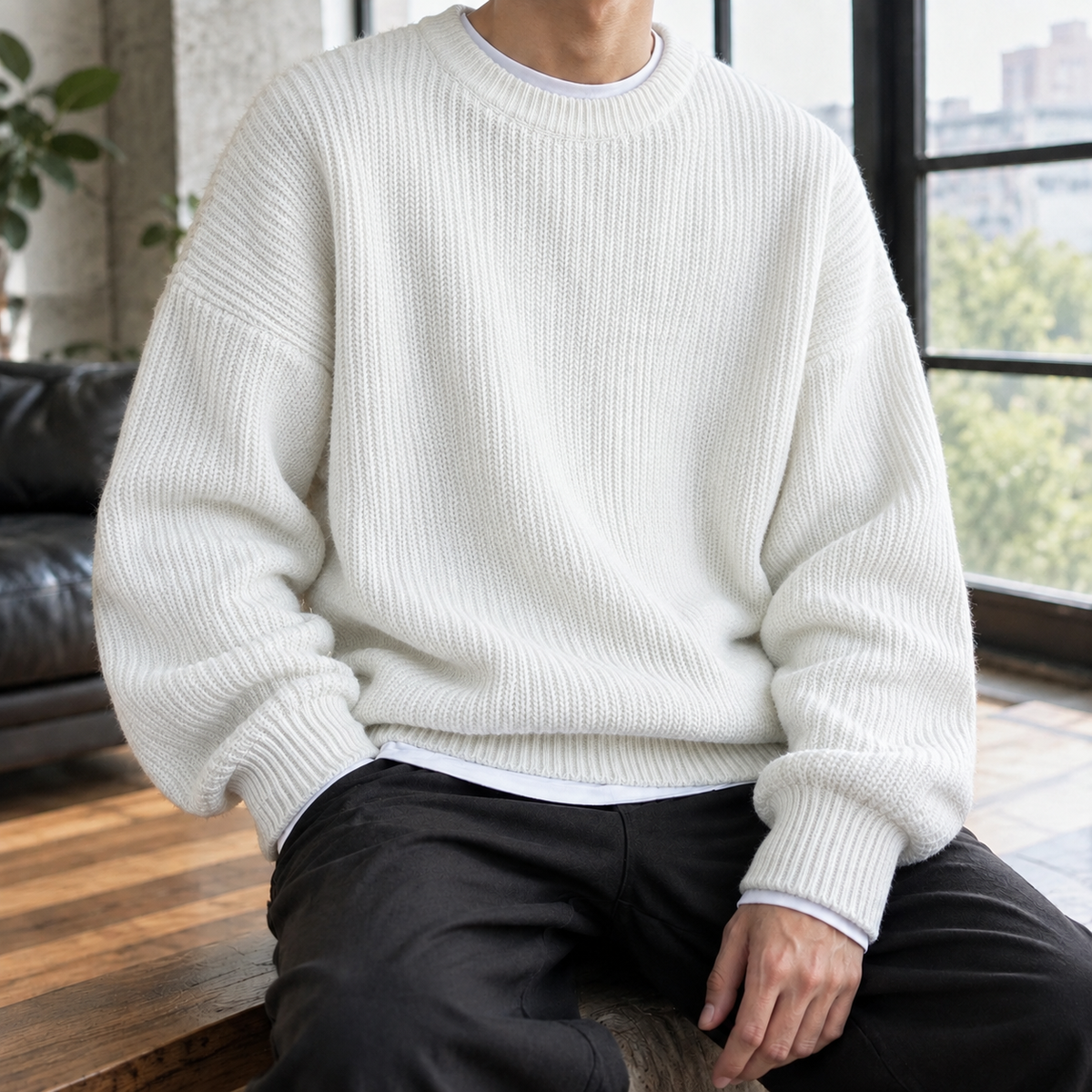 Men's Oversized Ribbed Crew Neck Sweater in White - front view