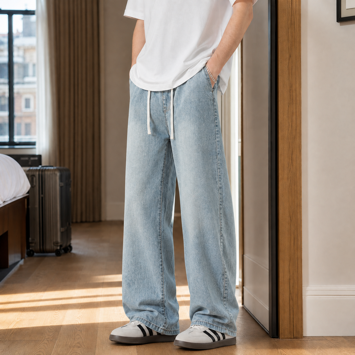 Men's Drawstring Wide Leg Jeans in Retro Blue - front view