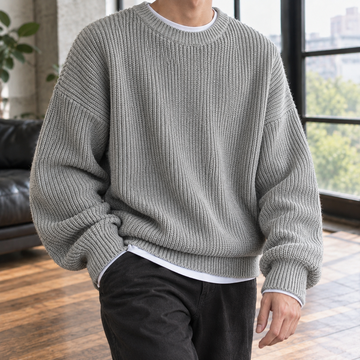 Men's Oversized Ribbed Crew Neck Sweater in Gray - front view