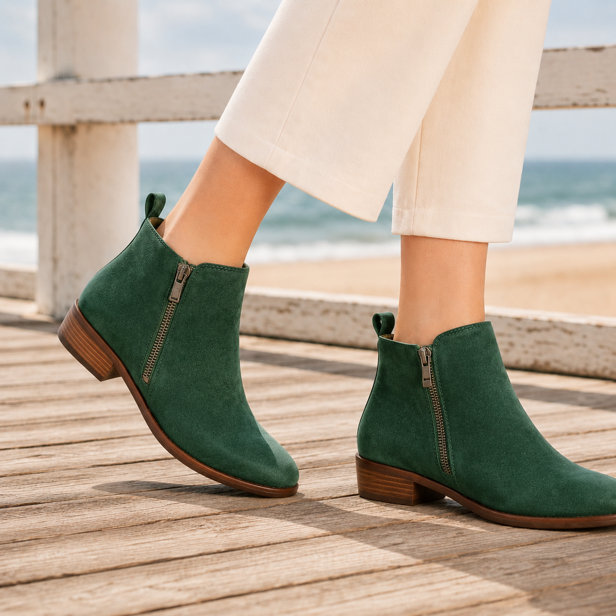 Women's Side Zip Ankle Boots in Green - front view