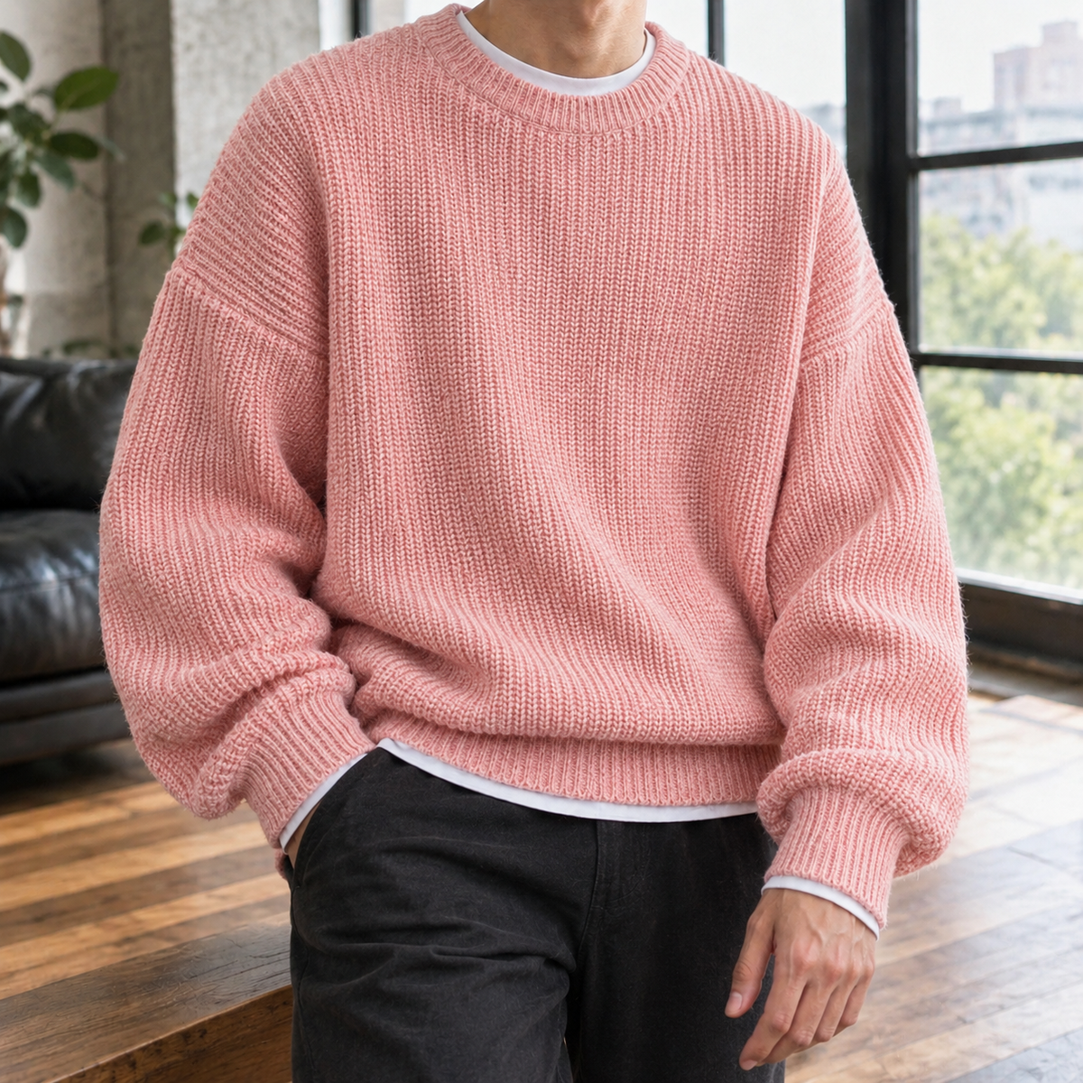 Men's Oversized Ribbed Crew Neck Sweater in Pink - front view