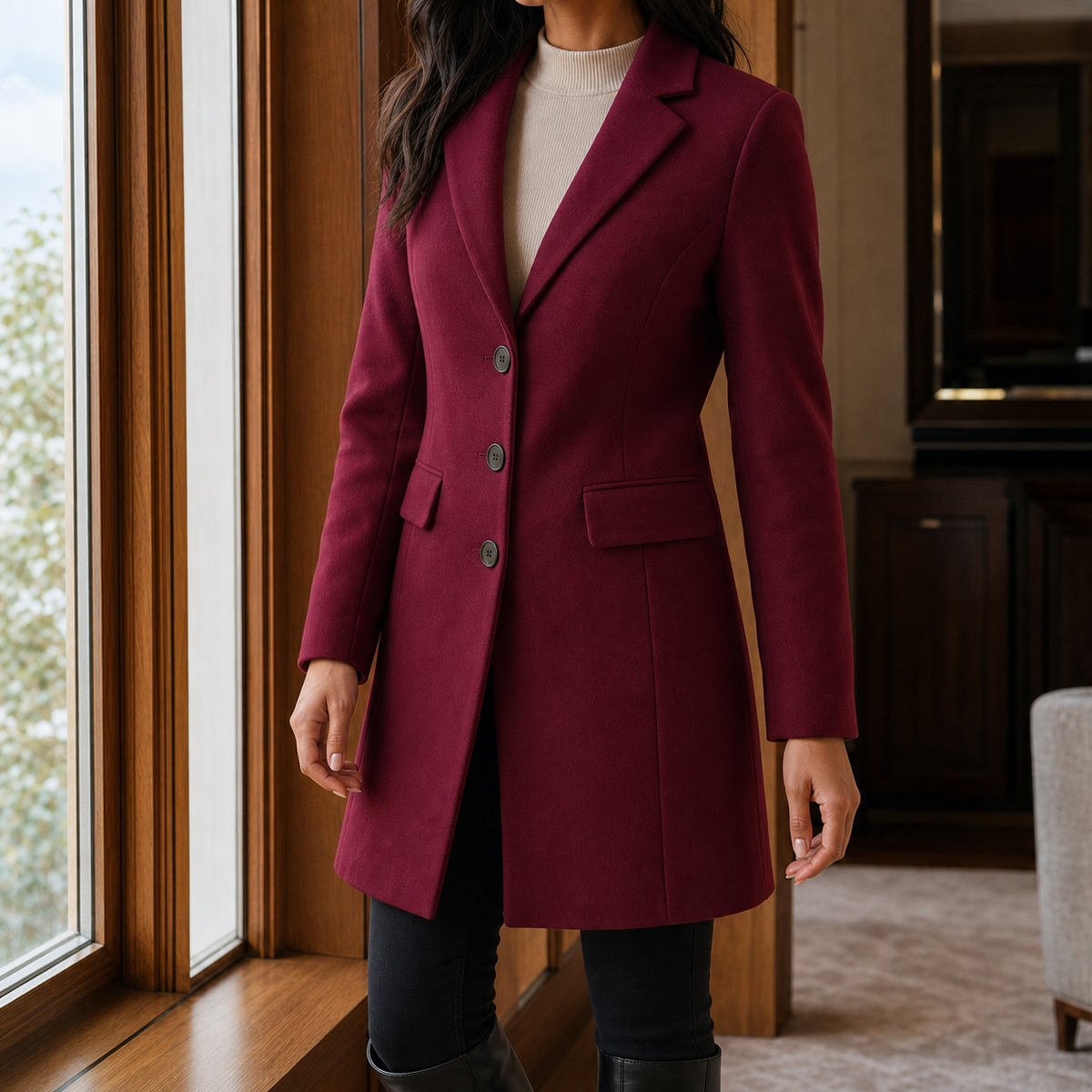 Women's Single-Breasted Tailored Coat in Burgundy - front view