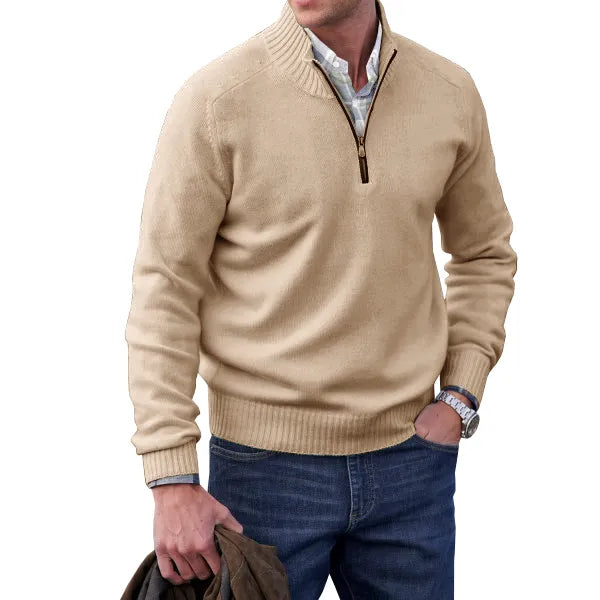 Men's Waffle Knit Quarter-Zip Sweater in Khaki - front view