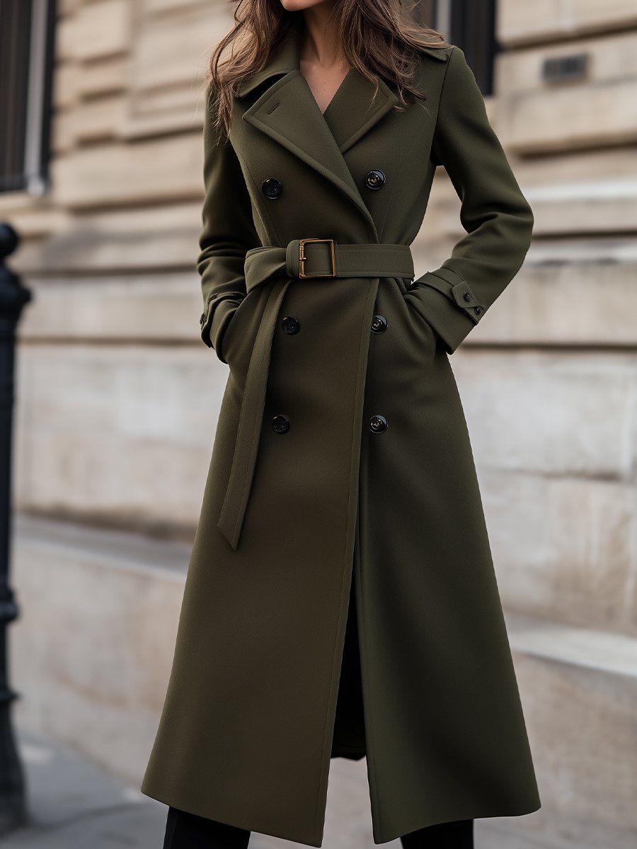 Women's Belted Double-Breasted Long Coat in Olive Green - front view