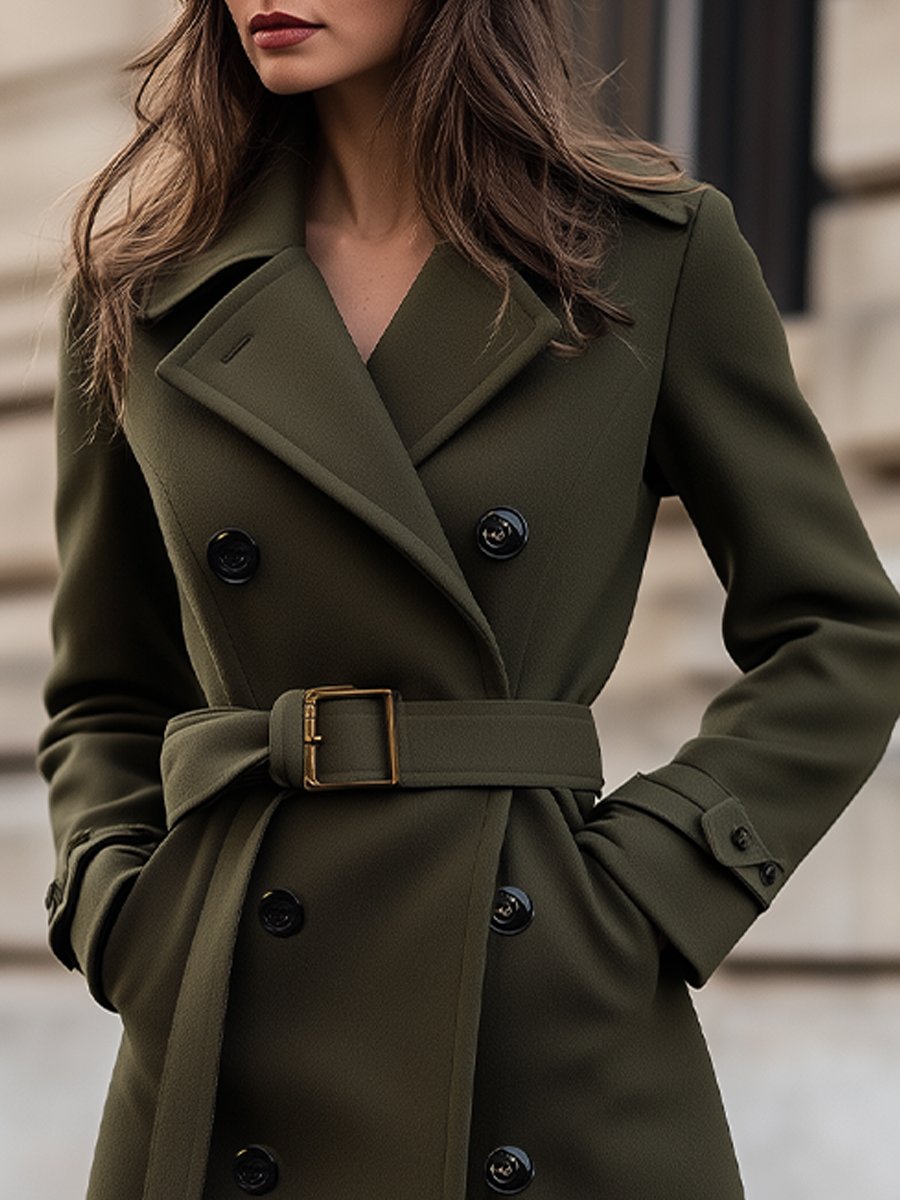 Women's Belted Double-Breasted Long Coat in Olive Green - alternate angle showing fit and fabric detail