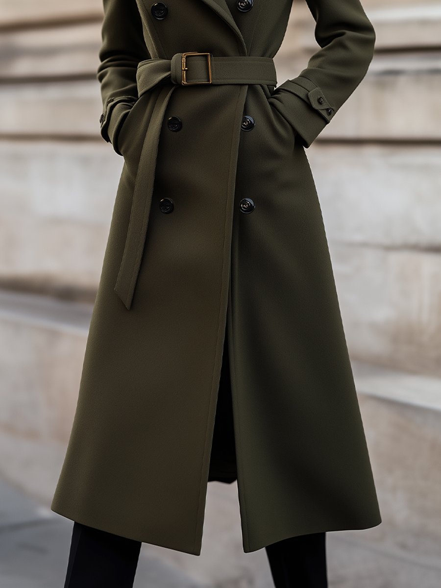 Women's Belted Double-Breasted Long Coat in Olive Green - alternate angle showing fit and fabric detail