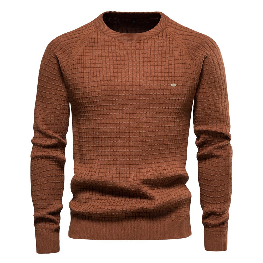 Men's Textured Grid Knit Crew Neck Sweater in Brown - front view