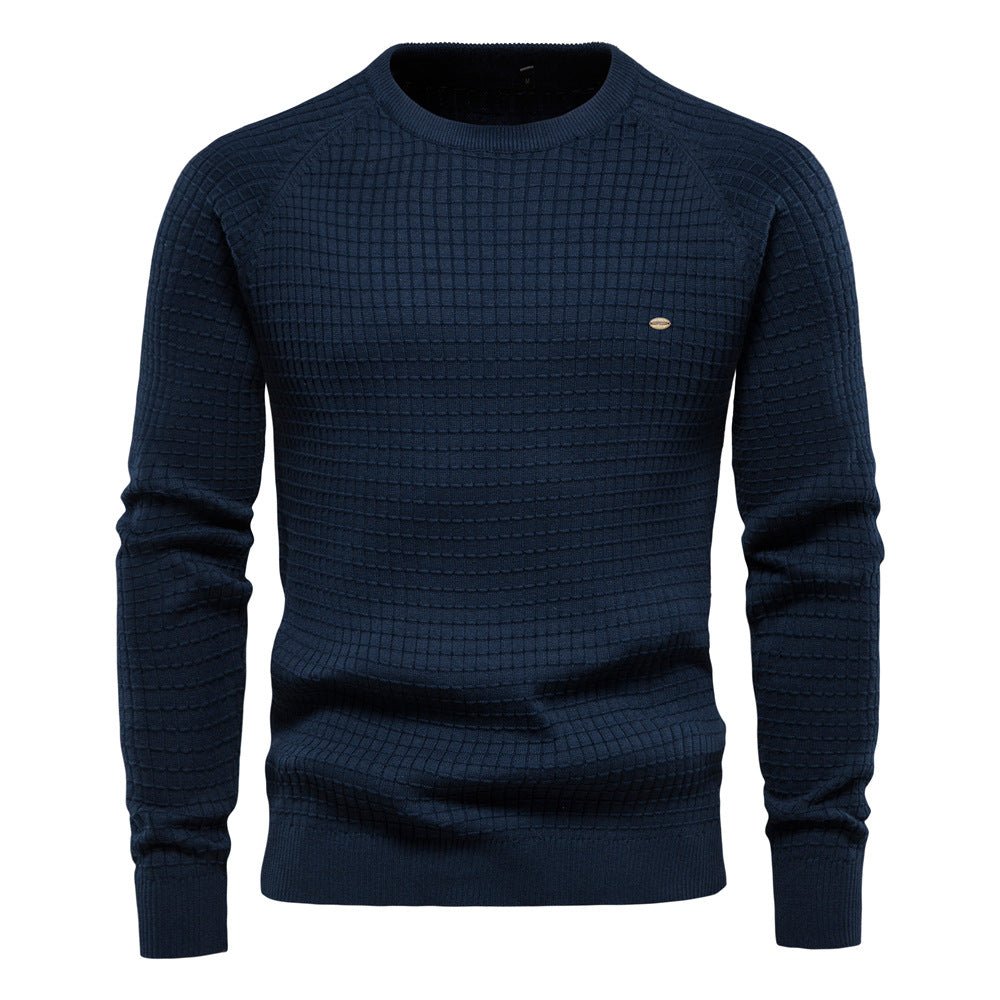 Men's Textured Grid Knit Crew Neck Sweater in Navy Blue - front view