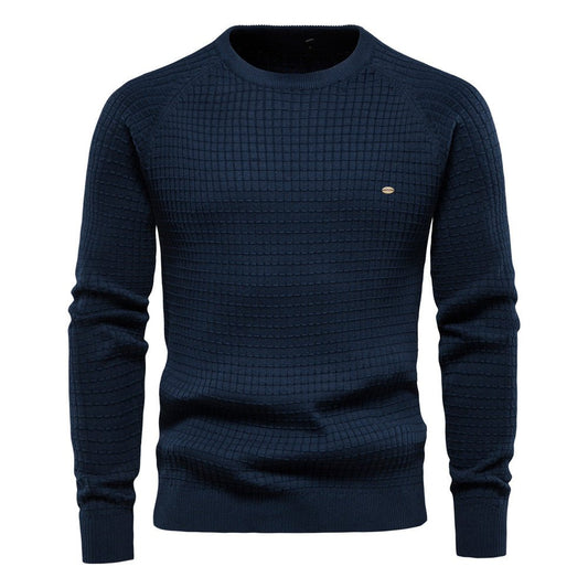 Men's Textured Grid Knit Crew Neck Sweater in Navy Blue - front view