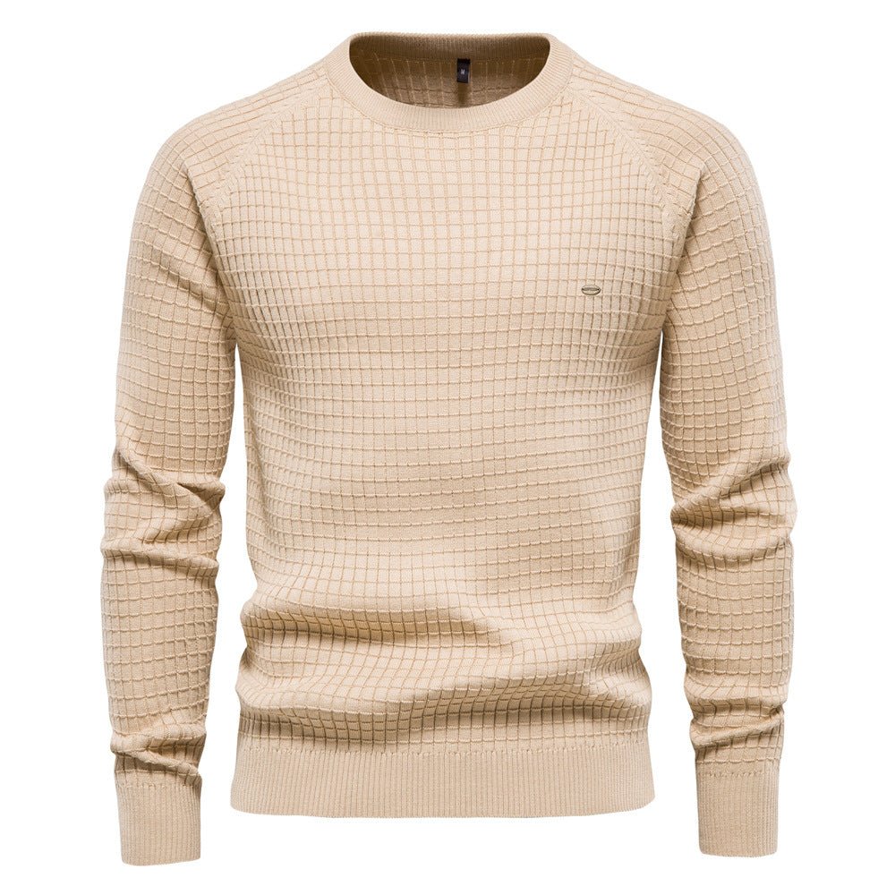 Men's Textured Grid Knit Crew Neck Sweater in Beige - front view