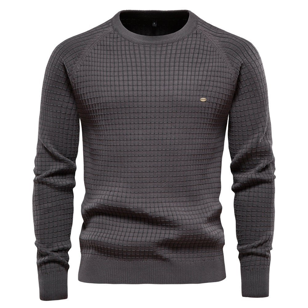 Men's Textured Grid Knit Crew Neck Sweater in Dark Grey - front view