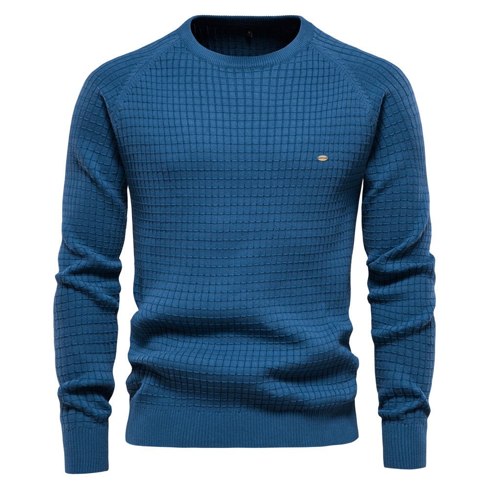 Men's Textured Grid Knit Crew Neck Sweater in Blue - front view