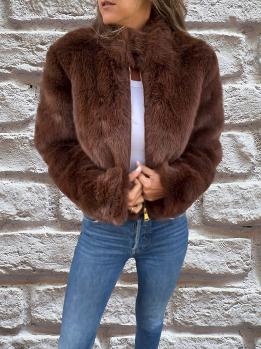 Women's Cropped Faux Fur Jacket in Brown - front view