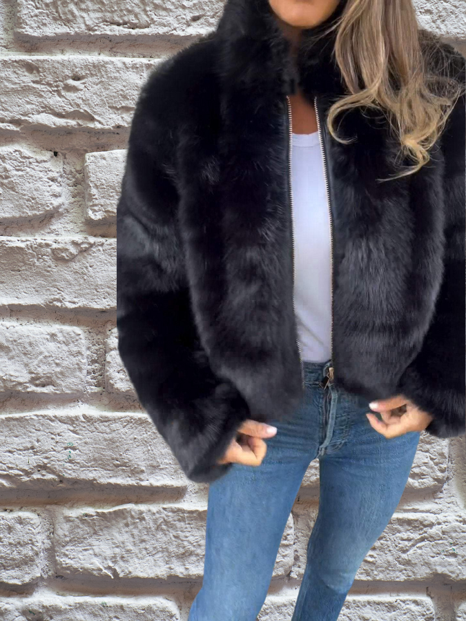 Women's Cropped Faux Fur Jacket in Black - front view