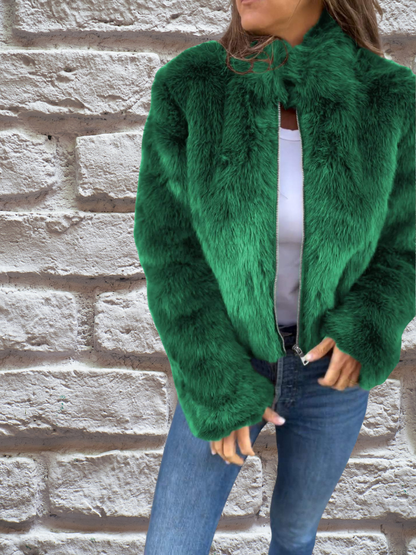 Women's Cropped Faux Fur Jacket in Green - front view