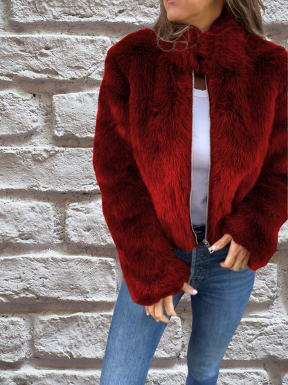 Women's Cropped Faux Fur Jacket in Red - front view