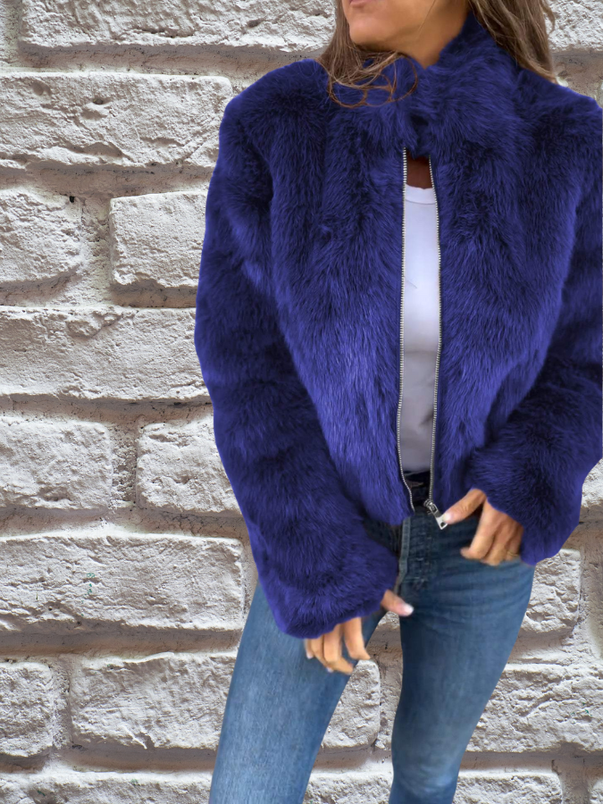 Women's Cropped Faux Fur Jacket in Blue - front view