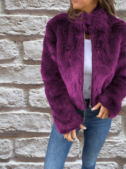 Women's Cropped Faux Fur Jacket in Purple - front view