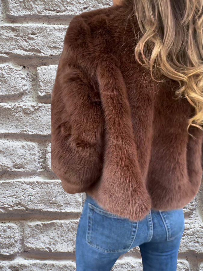 Women's Cropped Faux Fur Jacket in Purple - alternate angle showing fit and fabric detail