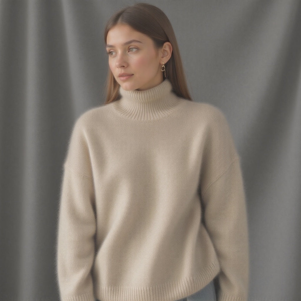 Women's Relaxed Roll Neck Sweater in Khaki - alternate angle showing fit and fabric detail