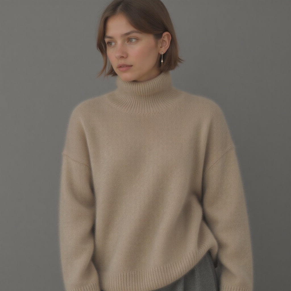 Women's Relaxed Roll Neck Sweater in Khaki - alternate angle showing fit and fabric detail