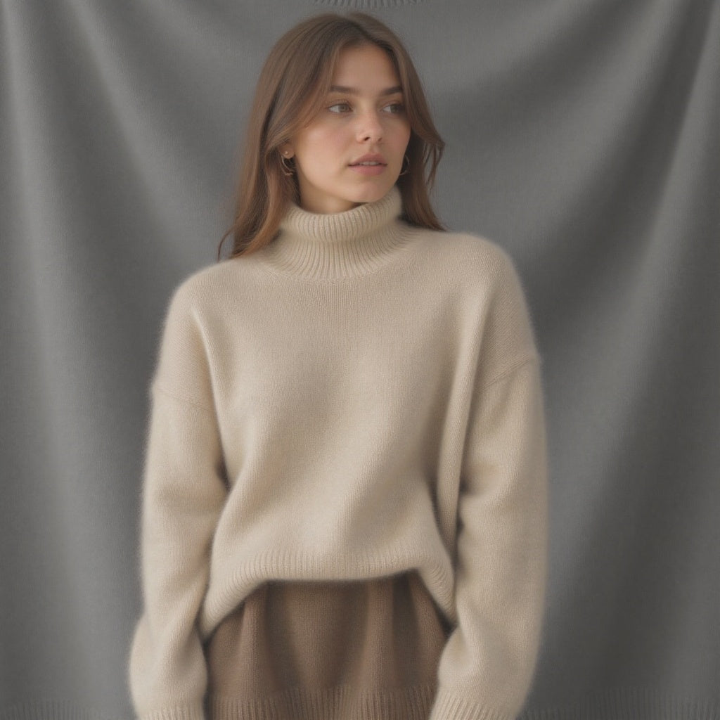 Women's Relaxed Roll Neck Sweater in Khaki - front view