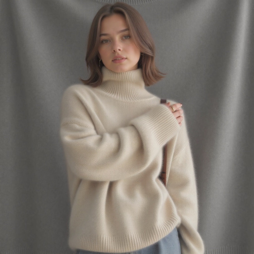 Women's Relaxed Roll Neck Sweater in Khaki - alternate angle showing fit and fabric detail