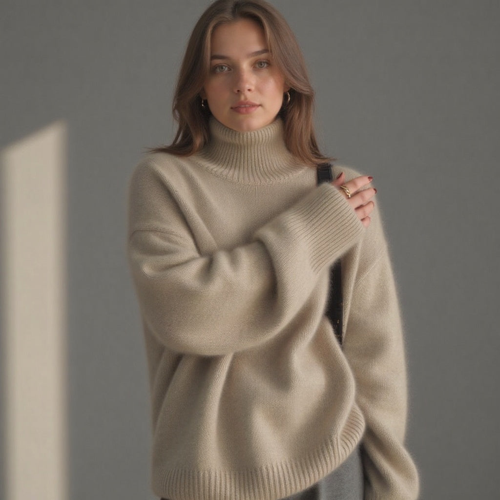 Women's Relaxed Roll Neck Sweater in Khaki - alternate angle showing fit and fabric detail