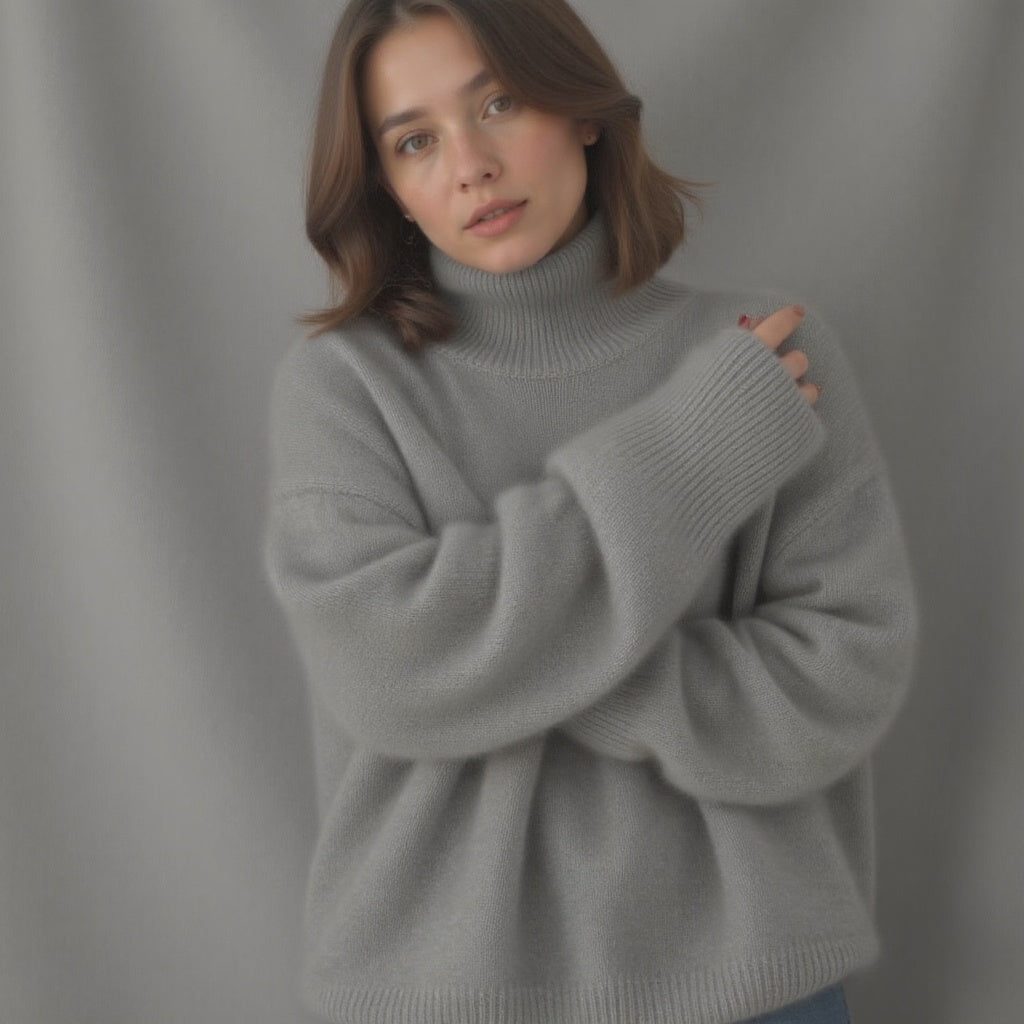 Women's Relaxed Roll Neck Sweater in Khaki - alternate angle showing fit and fabric detail
