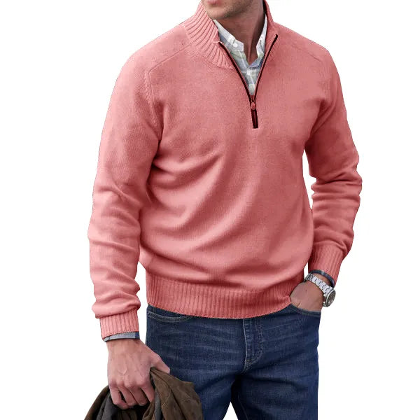 Men's Waffle Knit Quarter-Zip Sweater in Pink - front view