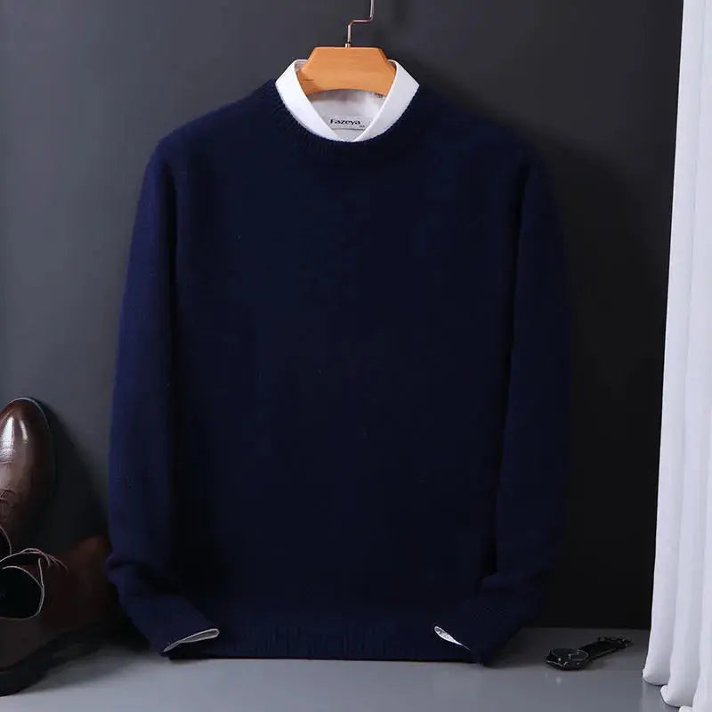 Men's Soft Knit Crew Neck Sweater in Navy - alternate angle showing fit and fabric detail