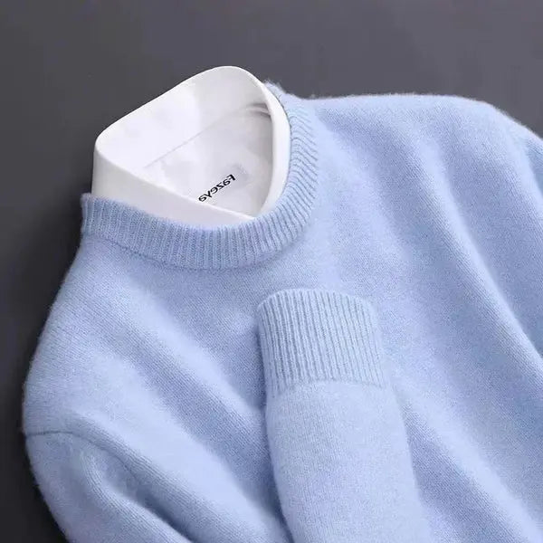 Men's Soft Knit Crew Neck Sweater in Light Blue - alternate angle showing fit and fabric detail