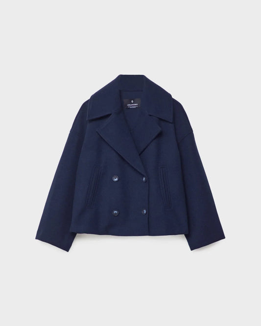 Women's Cropped Double-Breasted Pea Coat in Navy - front view