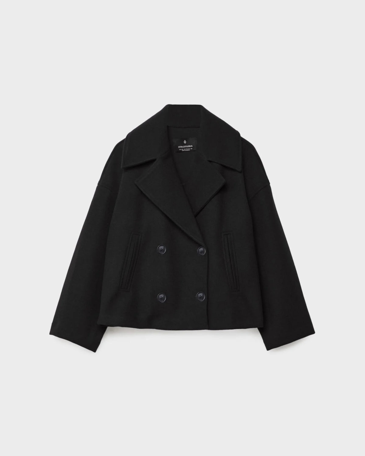 Women's Cropped Double-Breasted Pea Coat in Black - front view