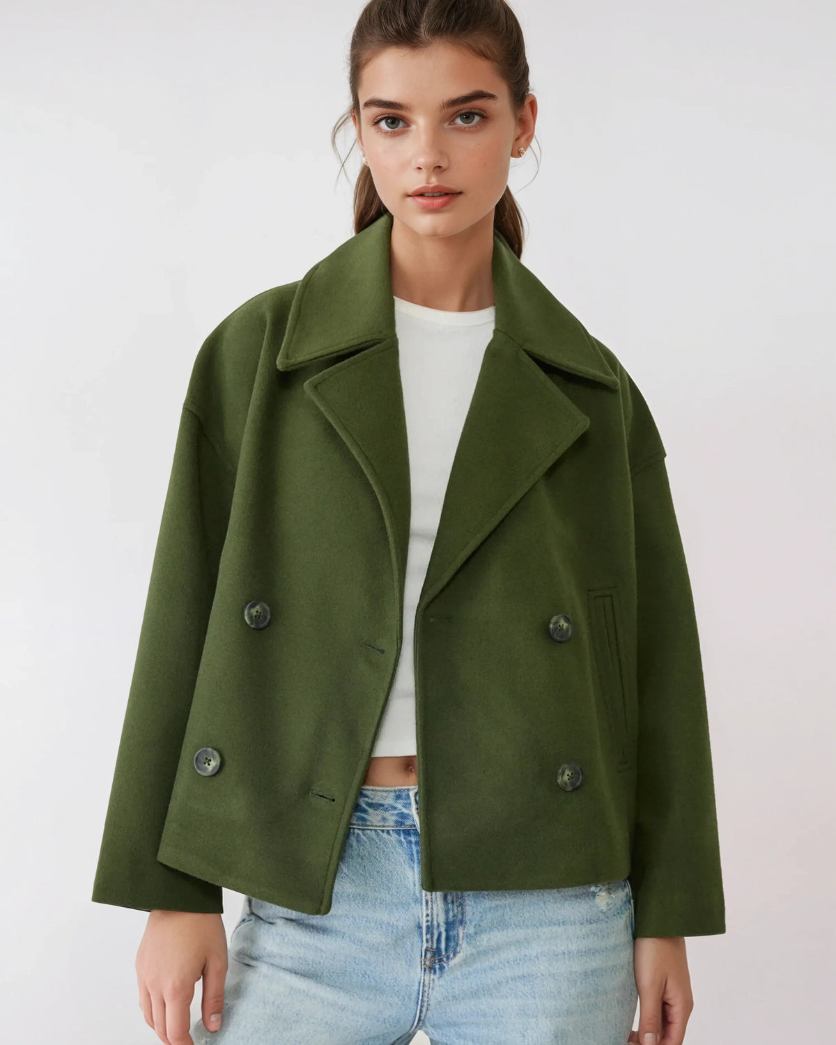 Women's Cropped Double-Breasted Pea Coat in Brown - alternate angle showing fit and fabric detail