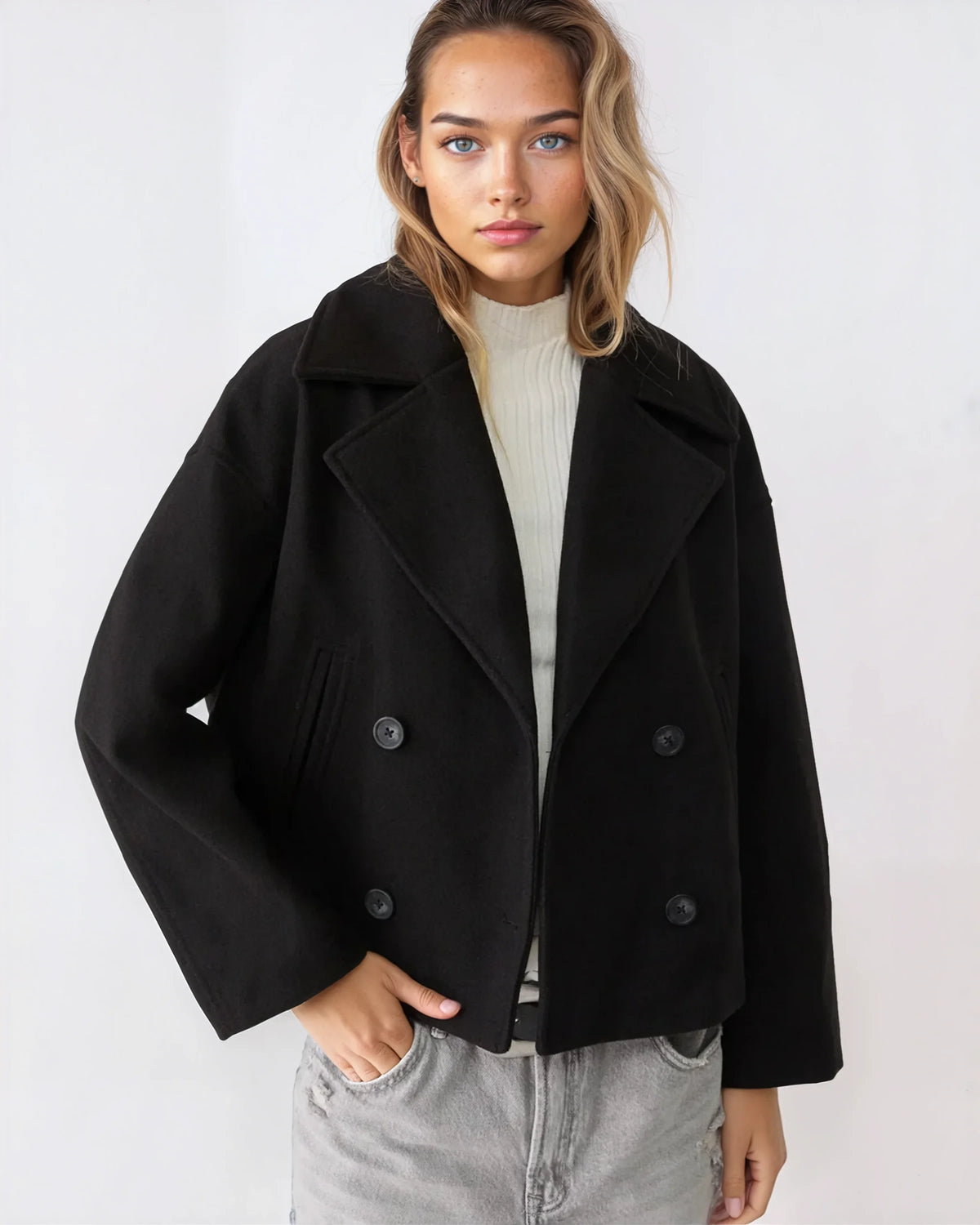 Women's Cropped Double-Breasted Pea Coat in Navy - alternate angle showing fit and fabric detail