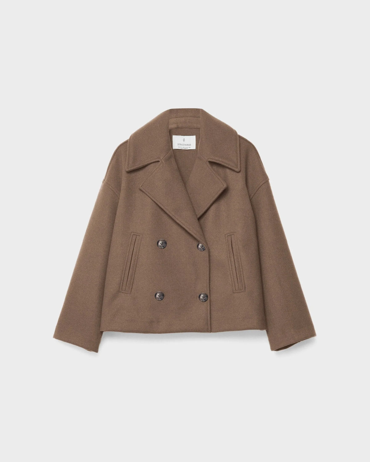 Women's Cropped Double-Breasted Pea Coat in Brown - front view
