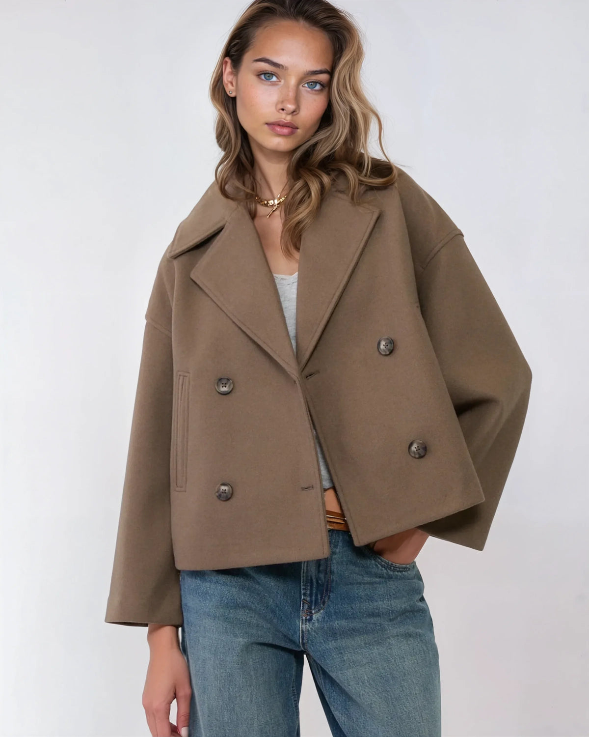 Women's Cropped Double-Breasted Pea Coat in White - alternate angle showing fit and fabric detail