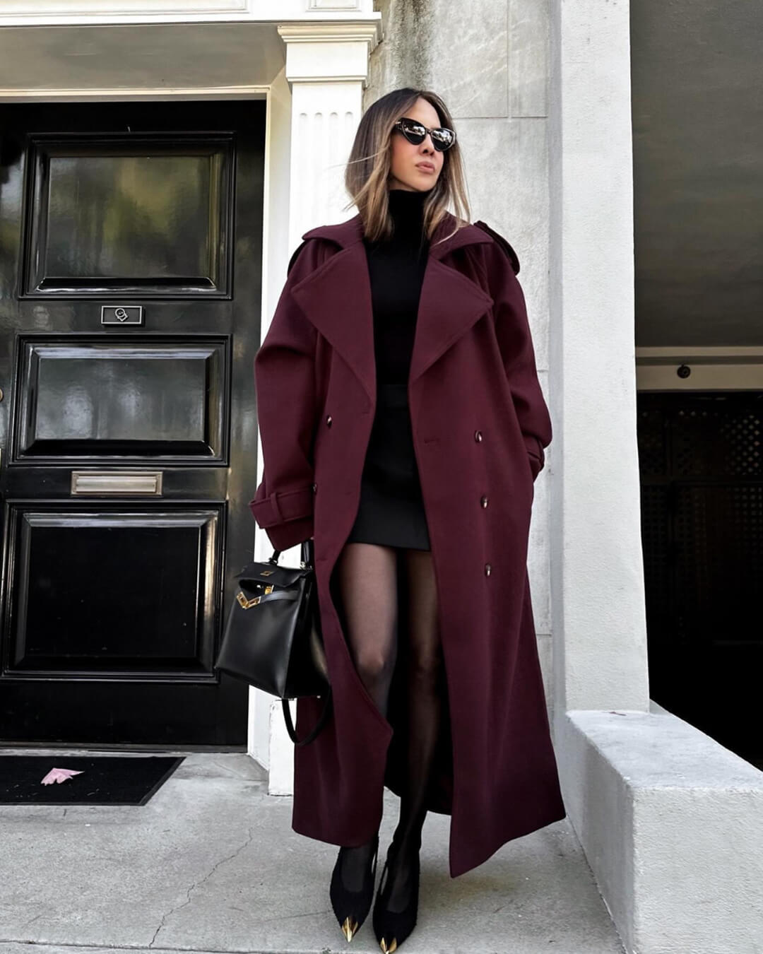 Women's Long Double-Breasted Trench Coat in Bordeaux - alternate angle showing fit and fabric detail