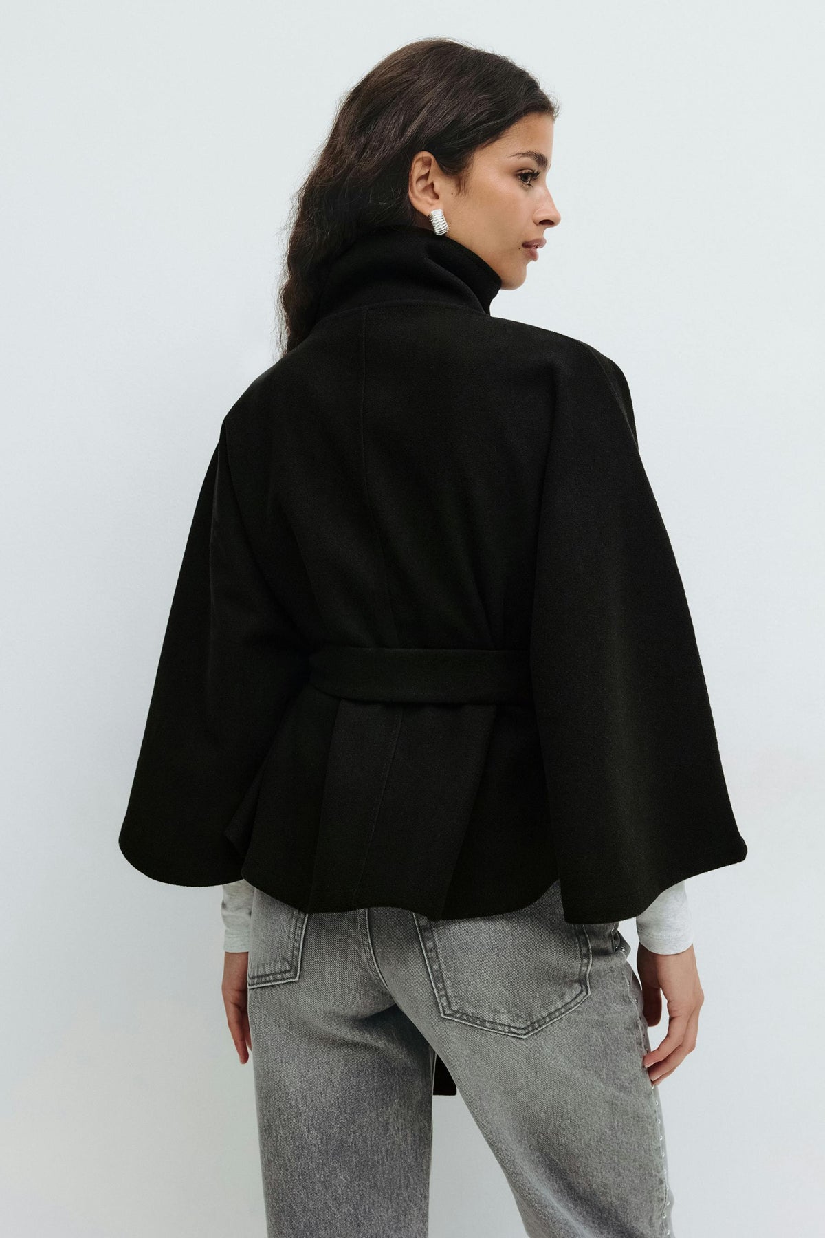 Women's Belted Cape Coat in Black - front view